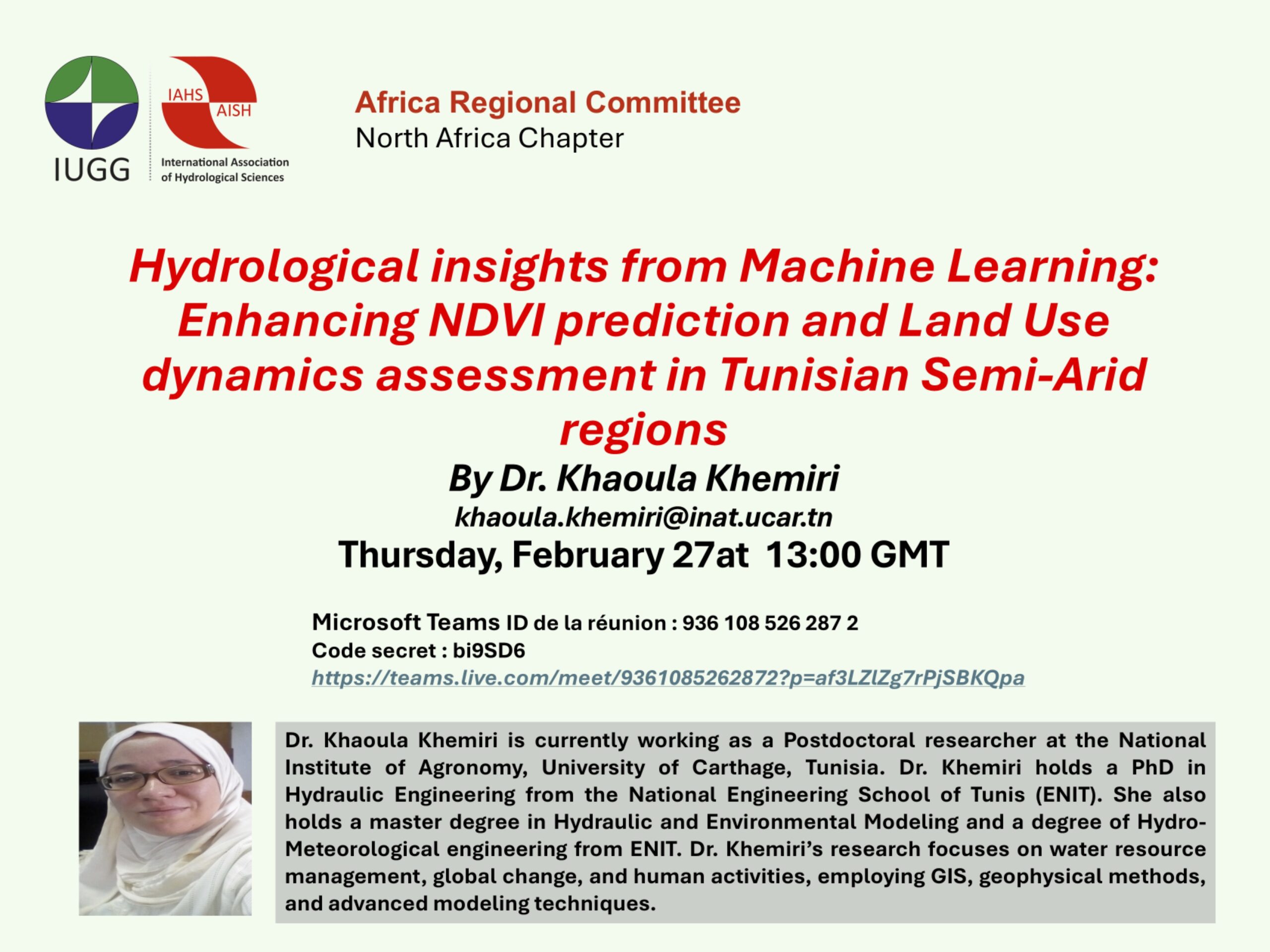 Dr. Khaoula Khemiri as invited speaker to the  series of IAHS-ARC online seminars